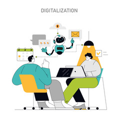 Wall Mural - Digitalization concept Professionals leverage technology and robotics for efficiency, showcasing the integration of AI in modern business solutions Vector illustration