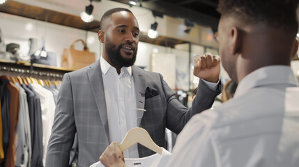 Two men in a clothing store discussing a shirt on a hanger. One man is wearing a suit and making a gesture with his hand, while the other is holding the shirt.