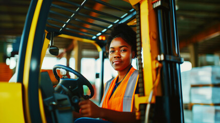 Canvas Print - A focused warehouse worker wearing an orange safety vest is operating a yellow forklift inside a well-lit industrial warehouse.