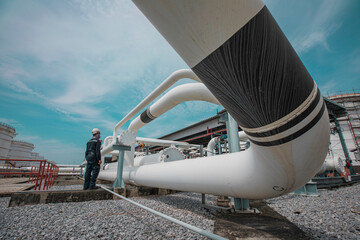 Wall Mural - Male worker inspection at steel long pipes and pipe elbow in station oil factory during refinery valve of visual check record pipeline oil and gas