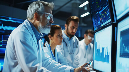 Canvas Print - A team of scientists and medical professionals in laboratory coats review data and graphs on multiple monitors, focusing on analysis and research within a high-tech lab environment.