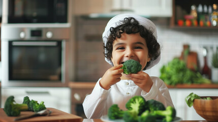 Wall Mural - A cheerful young child in a kitchen holds and bites into a piece of broccoli, surrounded by fresh vegetables. The background features kitchen appliances and a countertop.