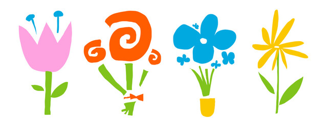 Set of naive cutout flowers. Abstract vector collage elements. Rough shapes of rose and plants