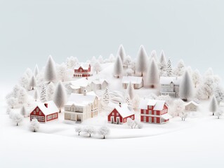 Miniature winter village flat design side view holiday minis theme 3D render Monochromatic Color Scheme