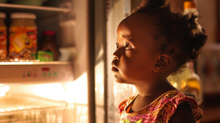 Poster - A young child looking intently at the contents inside an open refrigerator. The warm light from the fridge illuminates the child's curious face.