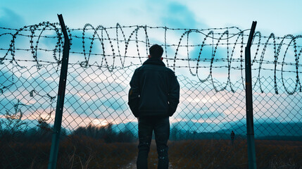 Sticker - A person stands behind a barbed wire fence, gazing at a cloudy sunset scene, evoking a sense of isolation and contemplation.