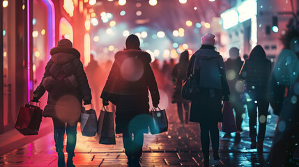 Canvas Print - Night street scene with people shopping, carrying bags and walking along a brightly lit area. Neon lights and city ambience create a festive atmosphere.