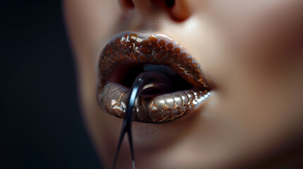 Snake woman with forked tongue and scales on lips , temptress and deceiving  concepts