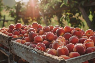 Poster - Ripe peaches bask in the warm glow of sunset, stacked in a rustic wooden crate