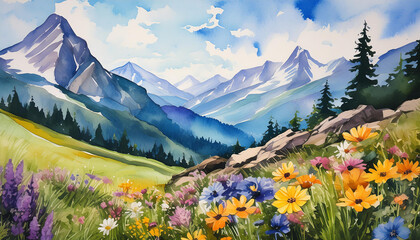 Wall Mural - Watercolor painting of mountain landscape with wildflowers. Beautiful natural scenery. Hand drawn