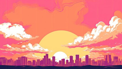 Wall Mural - A city skyline with a bright sun in the sky