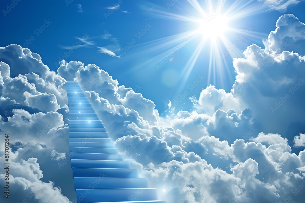 Dreamlike staircase leading to a bright blue sky with fluffy clouds ...