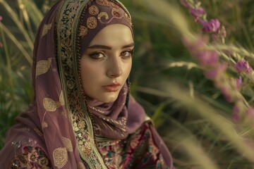 Portrait of a young woman in an ornate hijab, exuding calmness in a blooming flower field