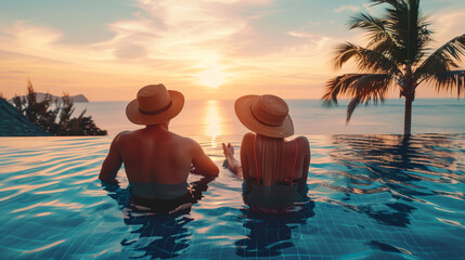 Sticker - A couple wearing straw hats relaxes in an infinity pool overlooking a stunning ocean sunset with palm trees in the background. The scene exudes tranquility and romance.