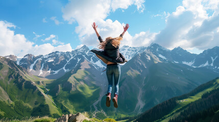 Poster - A person jumps joyfully in the air with arms raised, overlooking a stunning mountain landscape with snow-capped peaks, green valleys, and a bright blue sky with clouds.