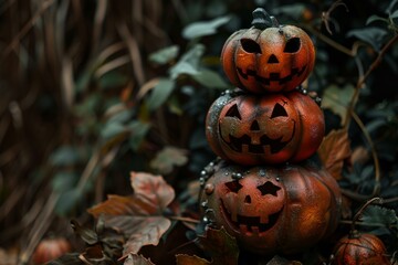 Poster - Three jacko'lanterns stacked together among fall leaves, symbolizing halloween