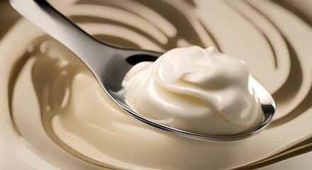 Wall Mural - Close up of a spoonful of smooth creamy mayonnaise against a dark background The sleek silver spoon contrasts with the velvety white condiment creating an appealing visual texture