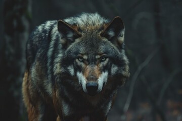 Poster - Captivating closeup of a wolf with piercing eyes set against a dark, moody forest backdrop