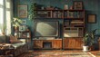 © owen - A nostalgic throwback to a 1980s living room with VHS tapes and a bulky TV, muted tones, digital painting, retro and sentimental