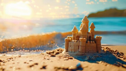 Wall Mural - Detailed sandcastle on sunny beach with ocean in background
