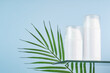 © ADDICTIVE STOCK - Blank Cosmetic Tubes with Green Leaf on Blue Background