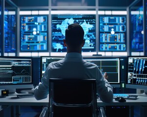 A network administrator in a hightech control room monitoring realtime cyber threat data feeds