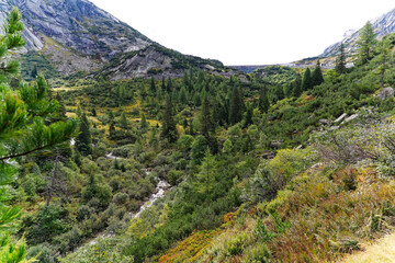 Wall Mural - Scenic landscape from hiking trail with aerial view of mountain pass road of Swiss Grimsel pass on a cloudy late summer day. Photo taken September 19th, 2023, Grimsel, Mountain Pass, Switzerland.