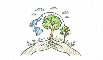 Wall Mural - line drawing of the Earth in one hand, World Environment Day