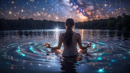 Wall Mural - Woman meditating on the background of the night landscape