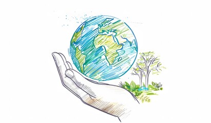 Wall Mural - line drawing of the Earth in one hand, World Environment Day