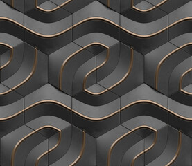 Geometric seamless 3D pattern in black with gold elements. Sign series. 3d illustration.