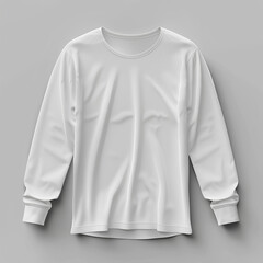 Wall Mural - A mockup of an all white long sleeve tshirt on a gray background, front view. The shirt is smooth and has no wrinkles or creases.