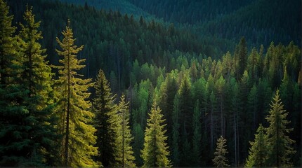 Scenic view of a green pine forest. Hills covered in evergreen trees. Beautiful taiga wood nature aerial photography wallpaper illustration.