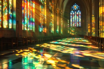 Wall Mural - A colorful stained glass window with a cathedral setting