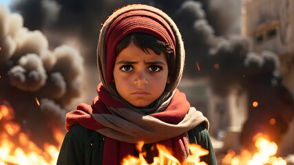 Sad child from Palestine, Gaza, wearing scarf, fire, explosions, background, Generative AI
