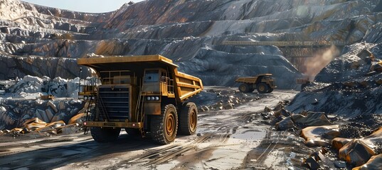 Mining Truck Hauling Cargo in Rugged Open Pit Quarry with Dusty Landscape