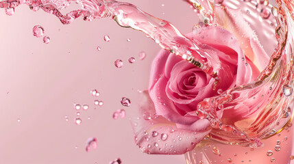 pink rose with droplets, champagne motion splash