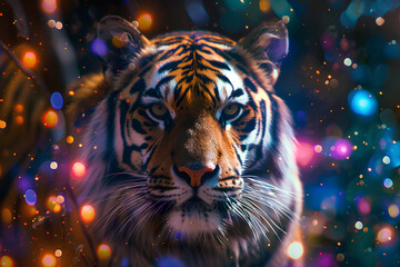 Wall Mural - a scary tiger, neon, dark background, vector