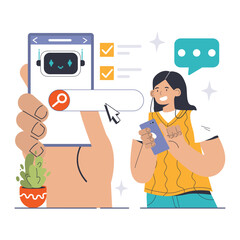 Wall Mural - chat bot user interface concept. woman interacts with digital assistant