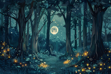 Wall Mural - An enchanting illustration of a moonlit forest with glowing fireflies and mythical creatures hiding among the trees