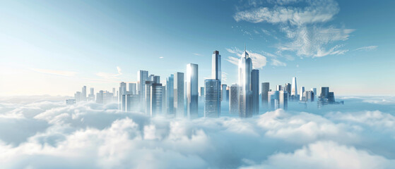 Wall Mural - A cityscape is shown in the clouds, with tall buildings and a clear blue sky