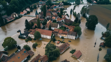 advertising of home insurance. Aerial view of the spring flood of the river with water reaching the houses of a small village. flooding in a small village in Europe. the river overflowing