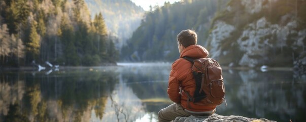 a hiker man sitting on a rock overlooking the lake.