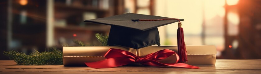 Image shows a graduation cap and diploma on a wooden table.