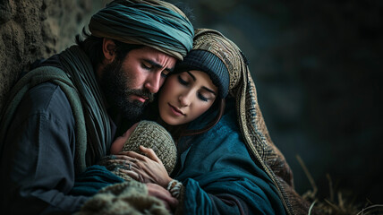 Wall Mural - .An emotional image of Mary and Joseph seeking shelter in Bethlehem