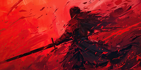 Wall Mural - Alizarin Crimson: A Warrior's Resolve, Steel Meets Wind in Epic Battle Pose