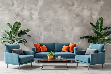 Wall Mural - 3D rendering of a modern living room interior with a beige wall mockup, a blue armchair and sofa with orange pillows near a coffee table on a concrete floor in a home decor background