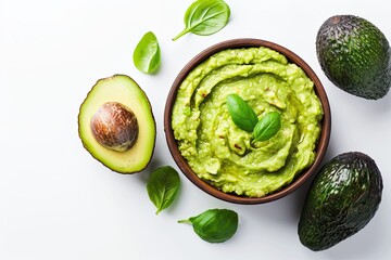 Wall Mural - Bowl with guacamole and ripe avocado on white background 