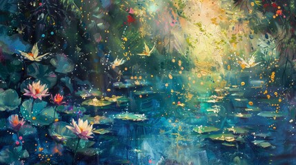 Vivid scene with sunlight filtering through lush foliage onto a serene pond with lilies and dragonflies background