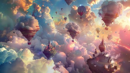 Canvas Print - Whimsical carnival with clouds hot air balloons background